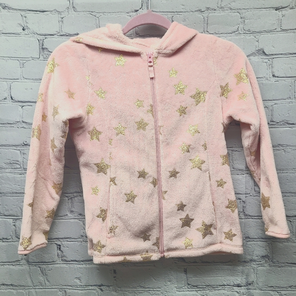 Super Soft Girls Zip Up Jacket Pink with Metalic Stars Plush Size 7-8